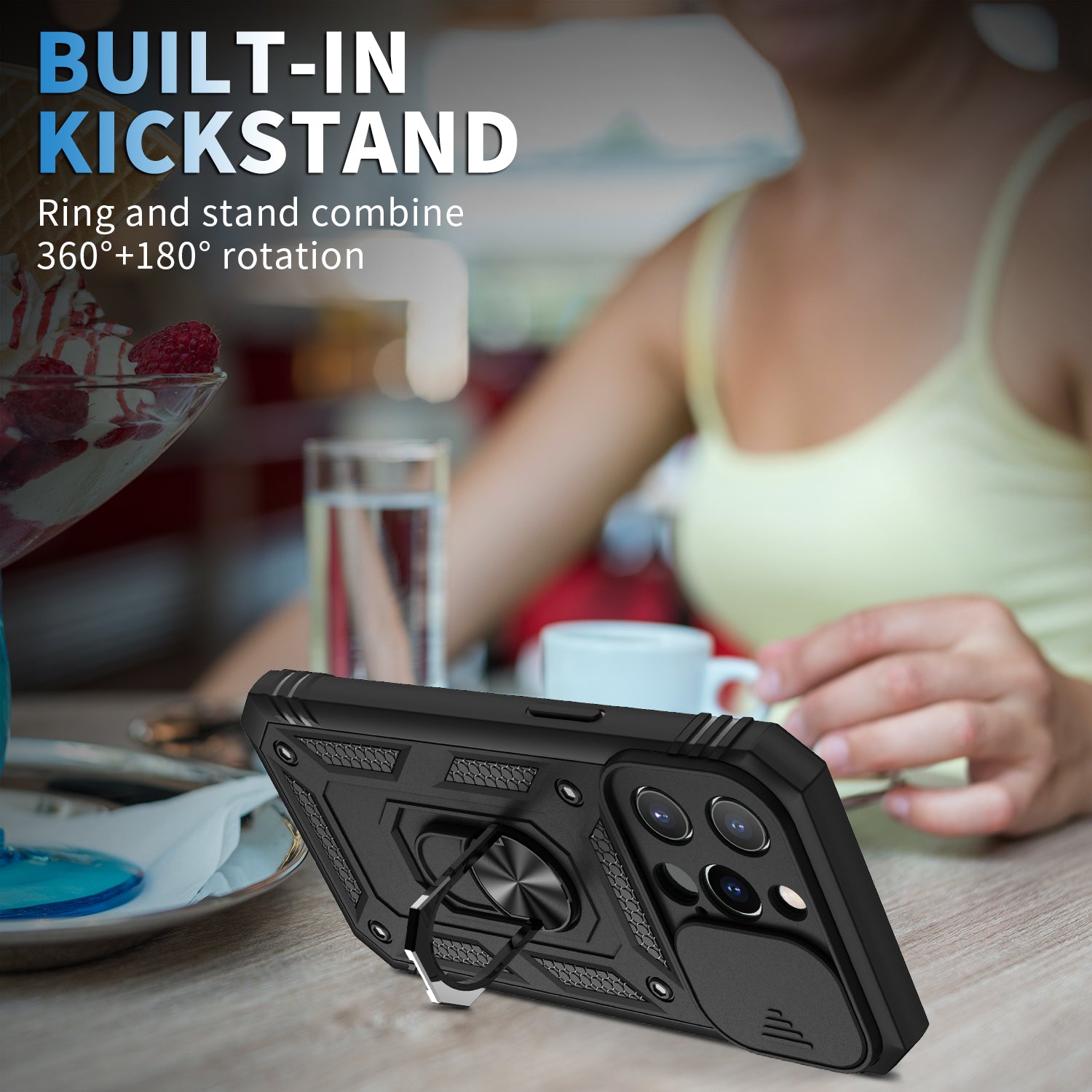 PhoneBits Ultra-Protective Magnetic iPhone Case with Holder & Camera Slide Cover, Shockproof iPhone Ring Holder Case Compatible with Magnetic Car Mount, Mobile Phone Case with Stand, Back iPhone Holder Case Cover