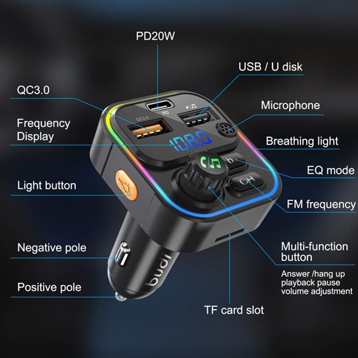 Budi FM Transmitter & Car Charger, USB Fast Charging Wireless Car Charger with PD USB-C/QC 3.0/USB Charging Ports, FM Bluetooth Car Transmitter with MP3/TF Card Ports, Phone Car Adapter with Next/Previous/End Call/Lights/Bass Buttons, Mic & LED Display