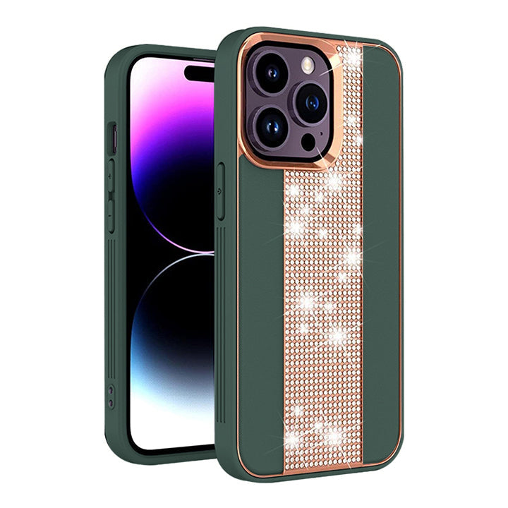 PhoneBits Leather iPhone Case with Flashy Diamond Back Strip & Camera Chromed Edge, Shockproof Back Phone Cover Compatible with iPhone, Protective Mobile Phone Case Cover