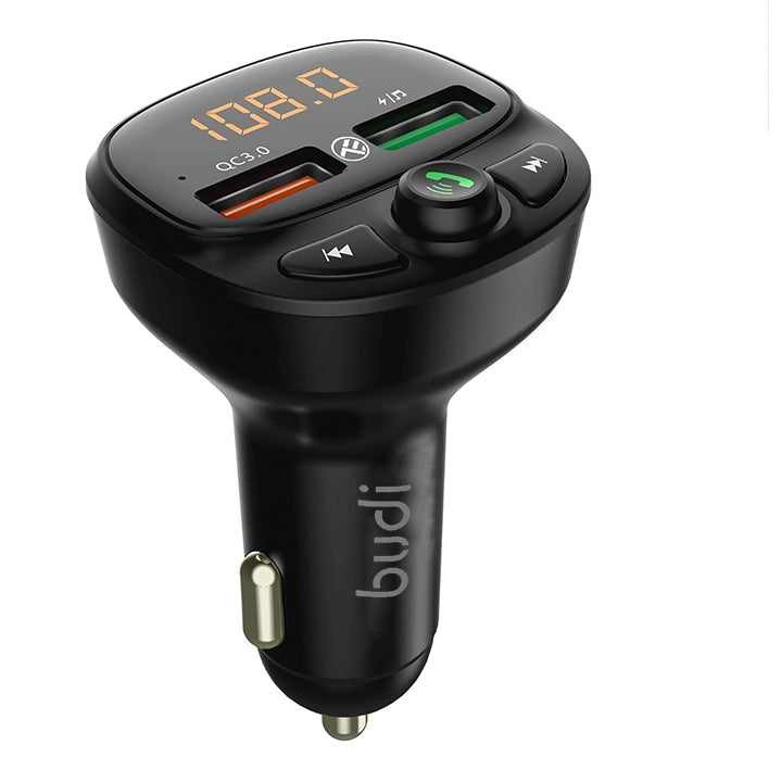 Budi FM Transmitter & Car Charger, USB Fast Charging Wireless Car Charger with QC 3.0/USB-A Charging Ports, FM Bluetooth Car Transmitter with MP3/TF Card Ports & Built-In Mic, Phone Car Adapter with Next/Previous/End Call Buttons & LED Display