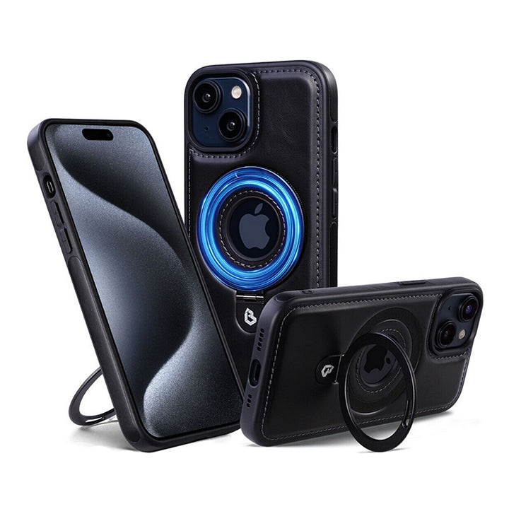 PhoneBits Leather MagSafe Case with Holder for iPhone, Shockproof Protective iPhone Case Compatible with MagSafe Chargers, Magnetic Wireless Charging Mobile Ring Phone Case with Stand, Back iPhone Holder Case Cover