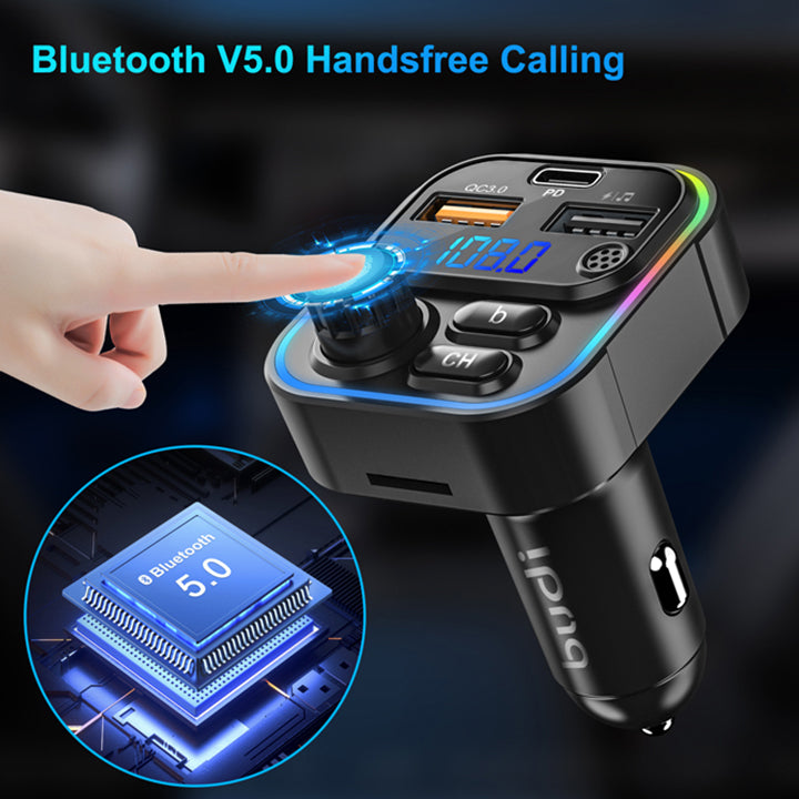 Budi FM Transmitter & Car Charger, USB Fast Charging Wireless Car Charger with PD USB-C/QC 3.0/USB Charging Ports, FM Bluetooth Car Transmitter with MP3/TF Card Ports, Phone Car Adapter with Next/Previous/End Call/Lights/Bass Buttons, Mic & LED Display