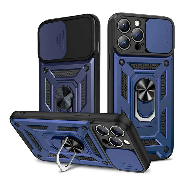 PhoneBits Ultra-Protective Magnetic iPhone Case with Holder & Camera Slide Cover, Shockproof iPhone Ring Holder Case Compatible with Magnetic Car Mount, Mobile Phone Case with Stand, Back iPhone Holder Case Cover