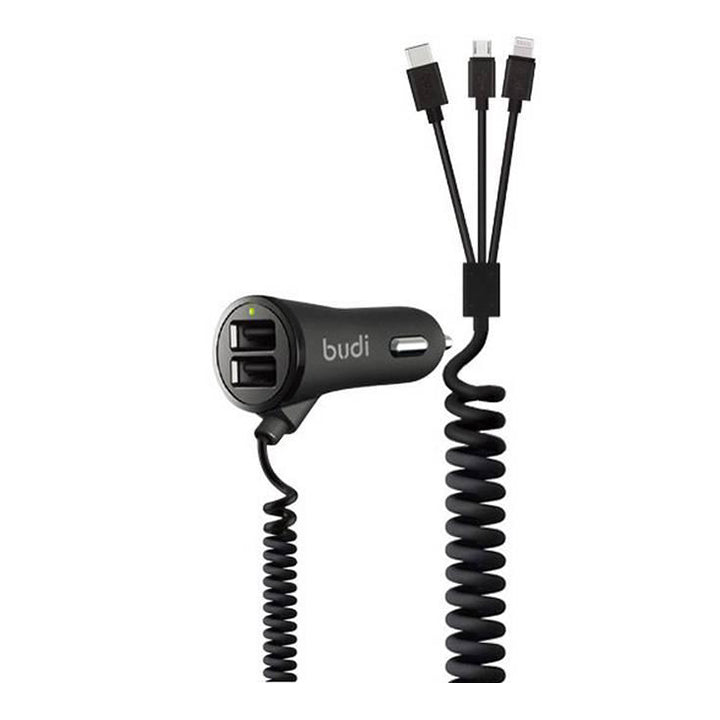 Budi USB Car Charger, Dual USB-A Ports In Car Charger Socket with Built-In 3 In 1 Coiled Cable Lightning/USB-C/Micro USB, Fast Charging Car Phone Charger with LED Indicator, Power Cable Car Charger Adapter for Cigarette Lighter Socket