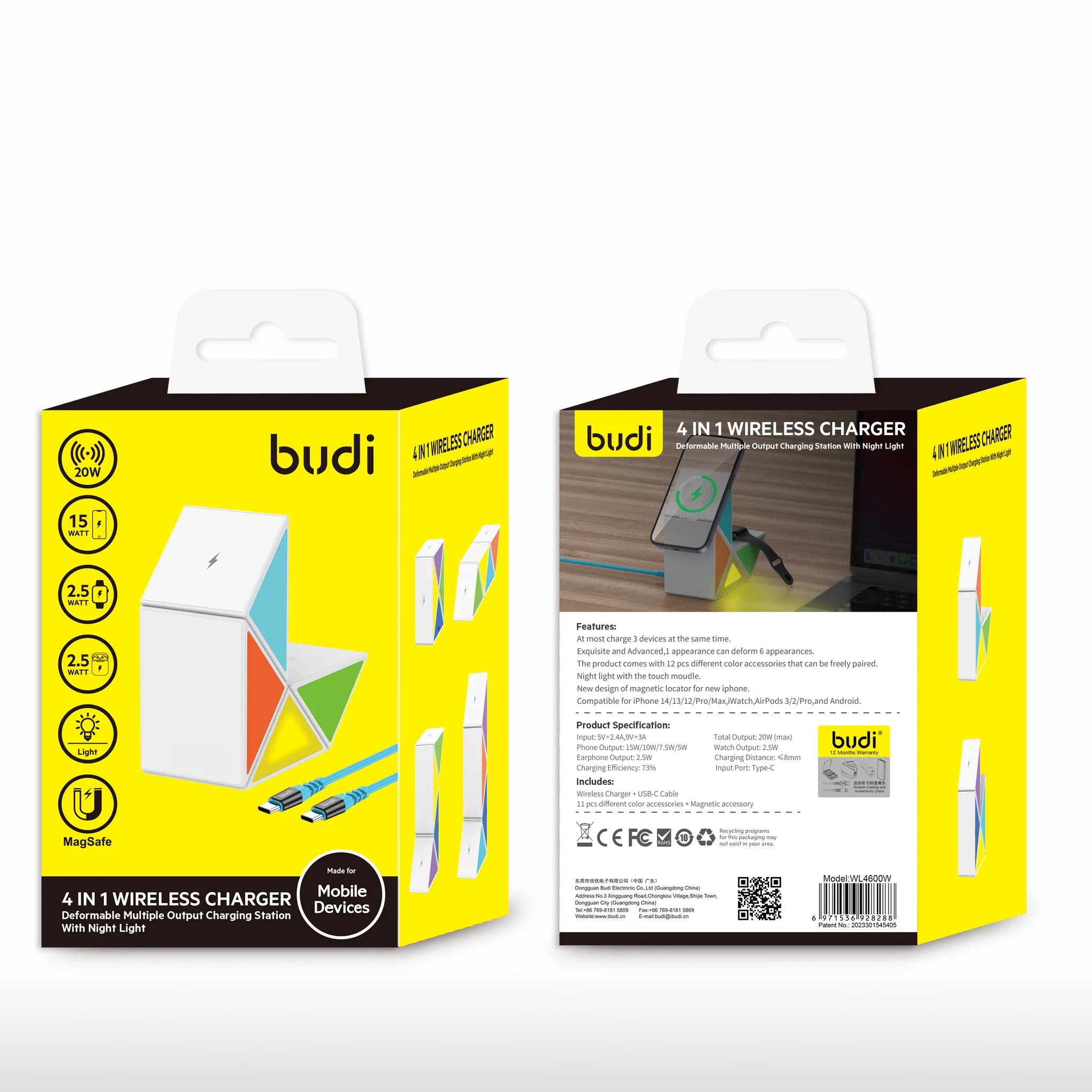 Budi 4 in 1 Fast Wireless Charger, Portable Magnetic Charging Station