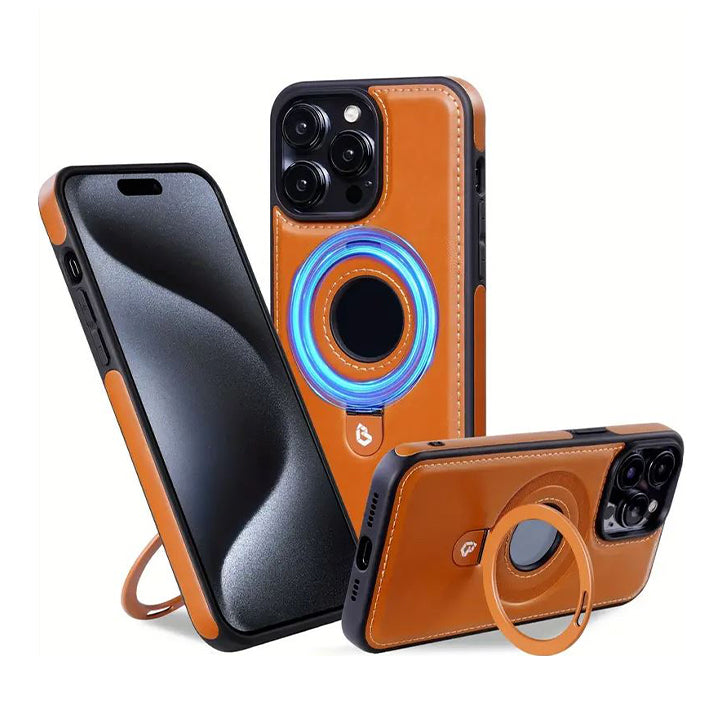 PhoneBits Leather MagSafe Case with Holder for iPhone, Shockproof Protective iPhone Case Compatible with MagSafe Chargers, Magnetic Wireless Charging Mobile Ring Phone Case with Stand, Back iPhone Holder Case Cover