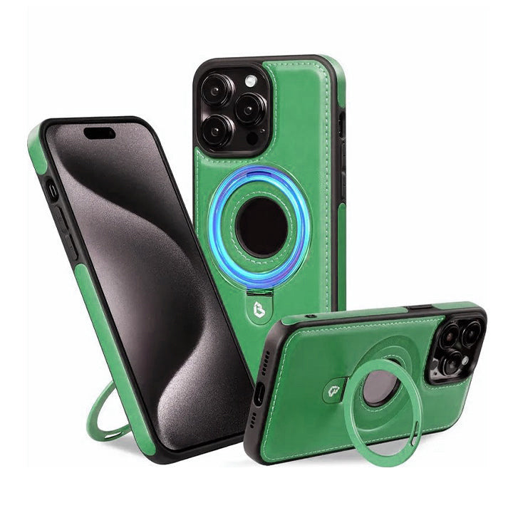 PhoneBits Leather MagSafe Case with Holder for iPhone, Shockproof Protective iPhone Case Compatible with MagSafe Chargers, Magnetic Wireless Charging Mobile Ring Phone Case with Stand, Back iPhone Holder Case Cover