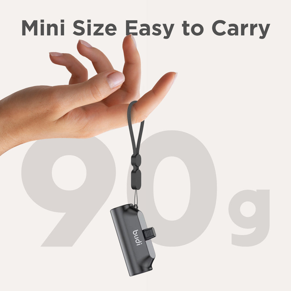 Budi Portable Power Bank 5000mAh, Portable Charger Power Bank with Built-In Type-C Plug & Port, Fast Charging USB-C Power Bank with Indicator Light, Power Switch, Holder & Strap for iPhone/Smartphone