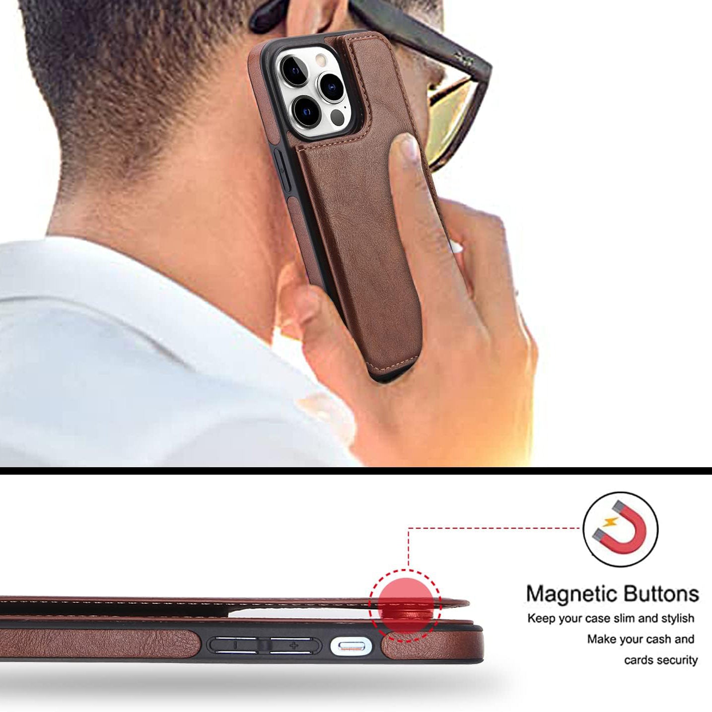 PhoneBits Protective Vegan Leather Wallet Case with Card Holder for iPhone, Compatible with iPhone, Shockproof iPhone Case with Stand, Mobile Wallet Phone Card Holder Case, Flip Back Case Cover