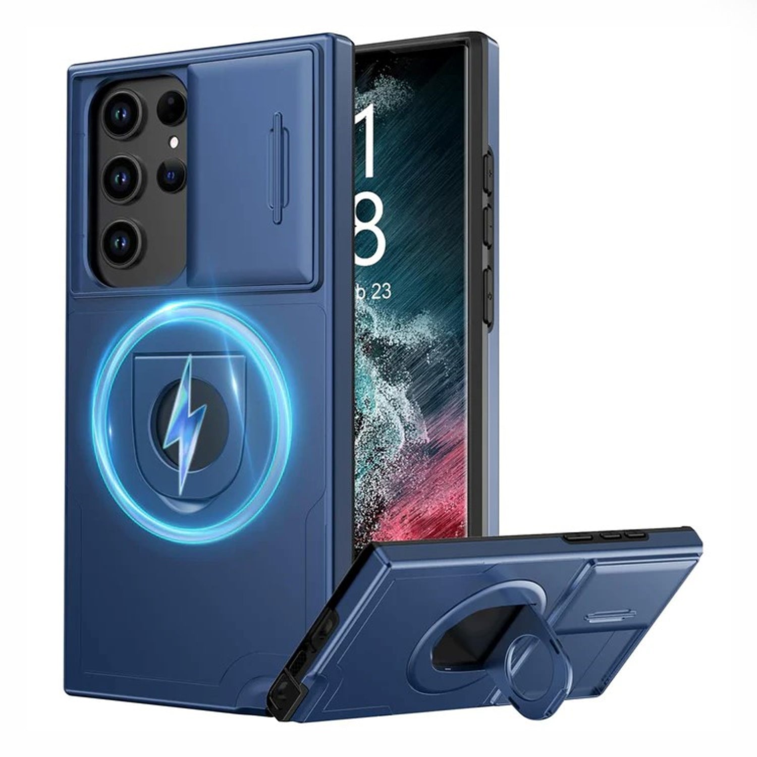 PhoneBits Protective Armor Samsung S Series MagSafe Case with Holder & Camera Slide Cover, Shockproof Samsung Ring Holder Case, Magnetic Wireless Charging Mobile Ring Phone Case with Stand, Back Samsung Holder Case Cover
