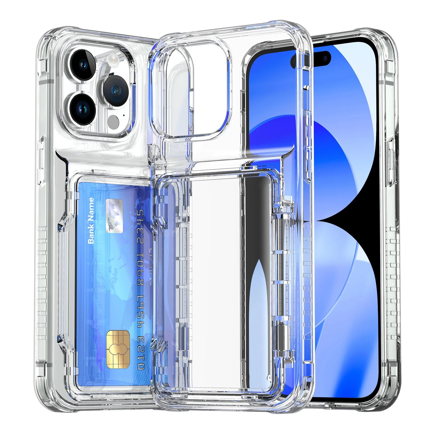 PhoneBits Luxury Protective Crystal-Clear Wallet Case with Card Holder & Chrome Camera Edge for iPhone, Transparent Phone Case Compatible with iPhone, Shockproof iPhone Case with Stand, Mobile Phone Clear Case, Back Case Cover