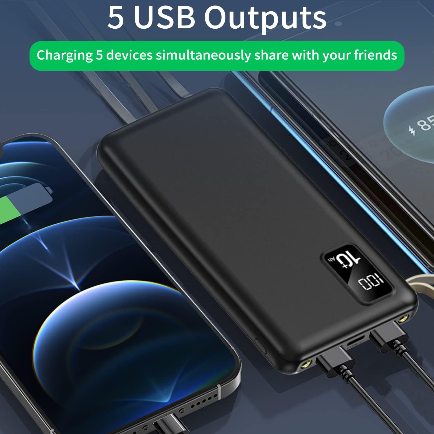 PhoneBits Portable Power Bank 10000mAh, Portable Charger Power Bank with 4 Built-in Cables (Type-C, Micro, Lightning & USB), Fast Charging Power Bank with Digital LED Display & Strap for Smartphone/ iPhone/Tablet