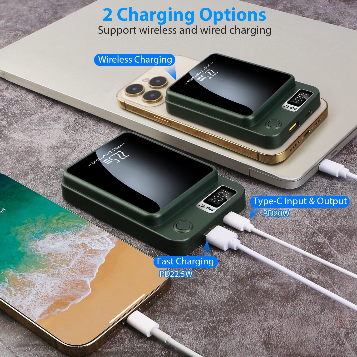 PhoneBits Portable Power Bank 5000mAh, Portable Charger Wireless Power Bank with Dual USB Ports USB-A & Type-C, MagSafe Power Bank with Digital LED Power Display & ON/ OFF Button, PD Fast Charging Magnetic Power Bank for iPhone/ Smartphone