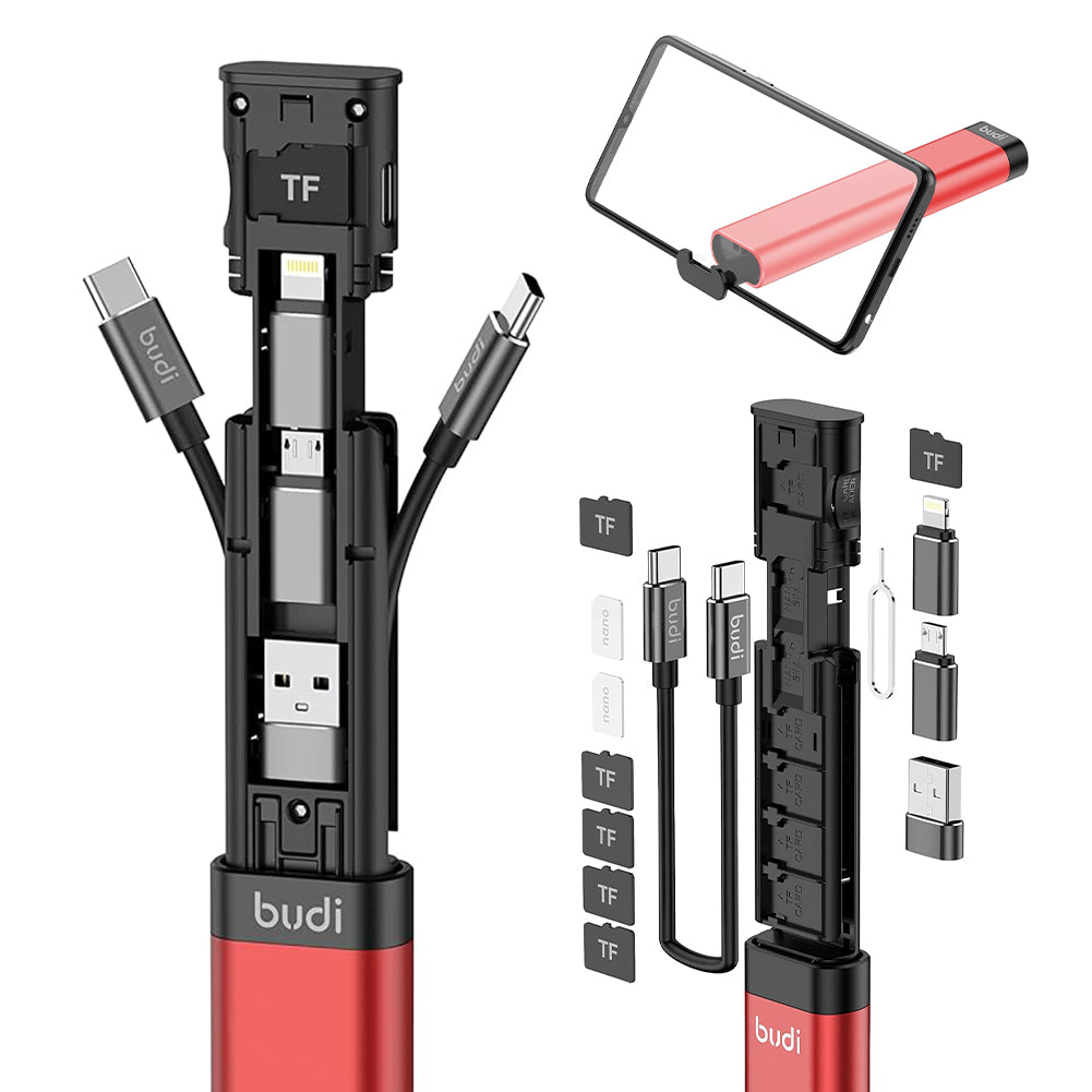 Budi 9 in 1 Essential Travel Charging & Data Sync Cable Stick, Travelling Stick with Phone Holder
