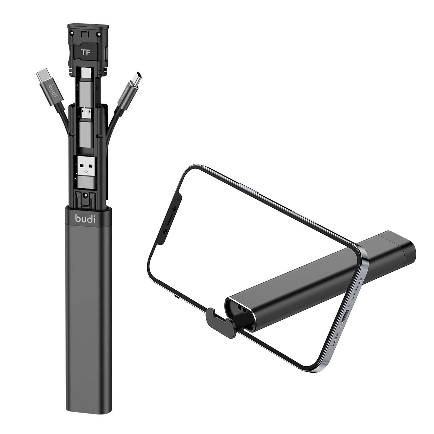 Budi 9 in 1 Essential Travel Charging & Data Sync Cable Stick, Travelling Stick with Phone Holder