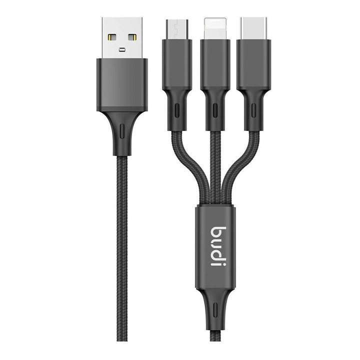 Budi USB Car Charger, Dual USB-A Ports In Car Charger Socket with 3 In 1 Cable Micro USB/Lightning/USB-C, Fast Charging Car Phone Charger, Power Cable Car Charger Adapter for Cigarette Lighter Socket