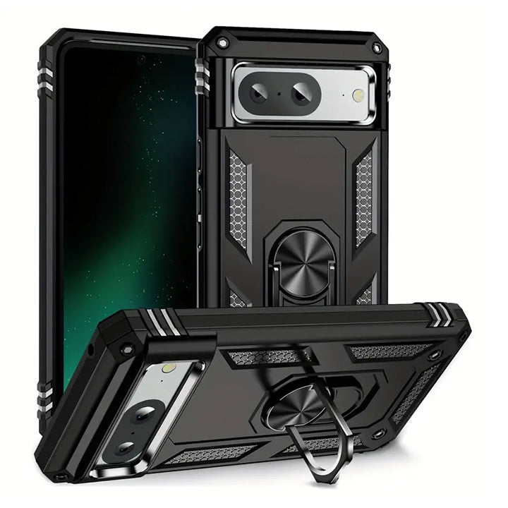 PhoneBits Ultra-Protective Magnetic Google Pixel Case with Holder & Chromed Camera Edge, Shockproof Google Pixel Ring Holder Case Compatible with Magnetic Car Mount, Mobile Phone Case with Stand, Back Google Pixel Holder Case Cover