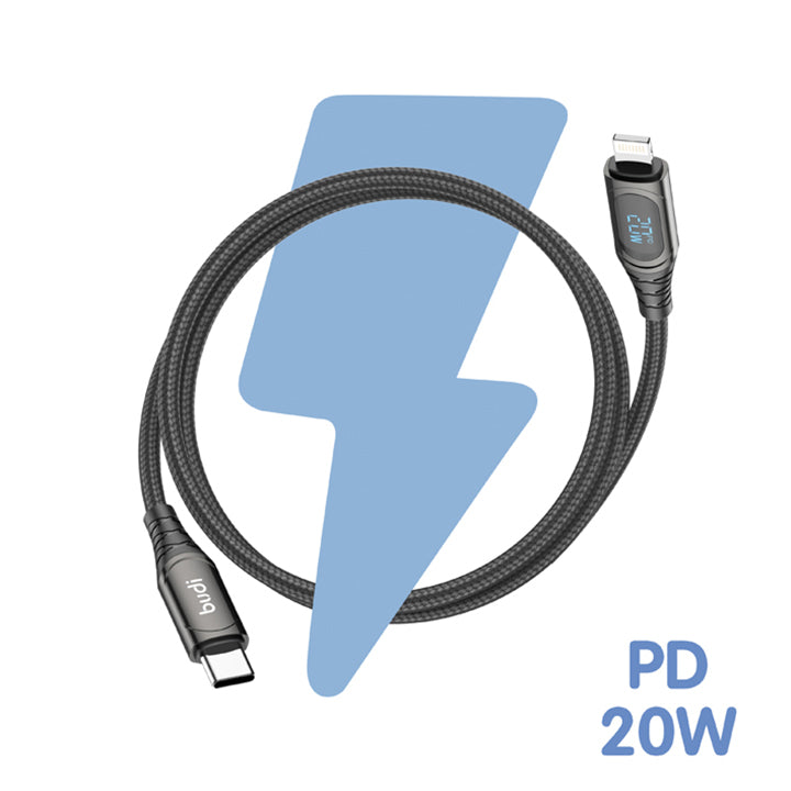Budi USB C to Lightning Charger Cable, PD Type C to Lightning Braided Cable with LED Power Display, Fast USB C Phone Charging & Data Cable for iPhone, USB C to iPhone Charging Adapter Cable, USB C to Lightning Charger Cord & Data Sync Cable for iPhone