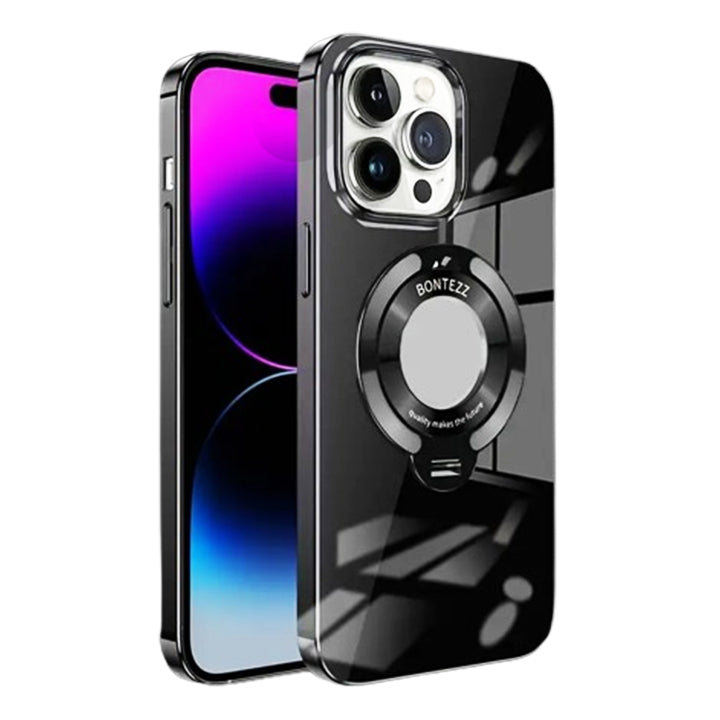 PhoneBits Luxury Glossy MagSafe Case with Holder & Chromed Camera Edge for iPhone, Shockproof iPhone Case Compatible with MagSafe Chargers, Magnetic Wireless Charging Mobile Ring Phone Case with Stand, Back iPhone Holder Case Cover