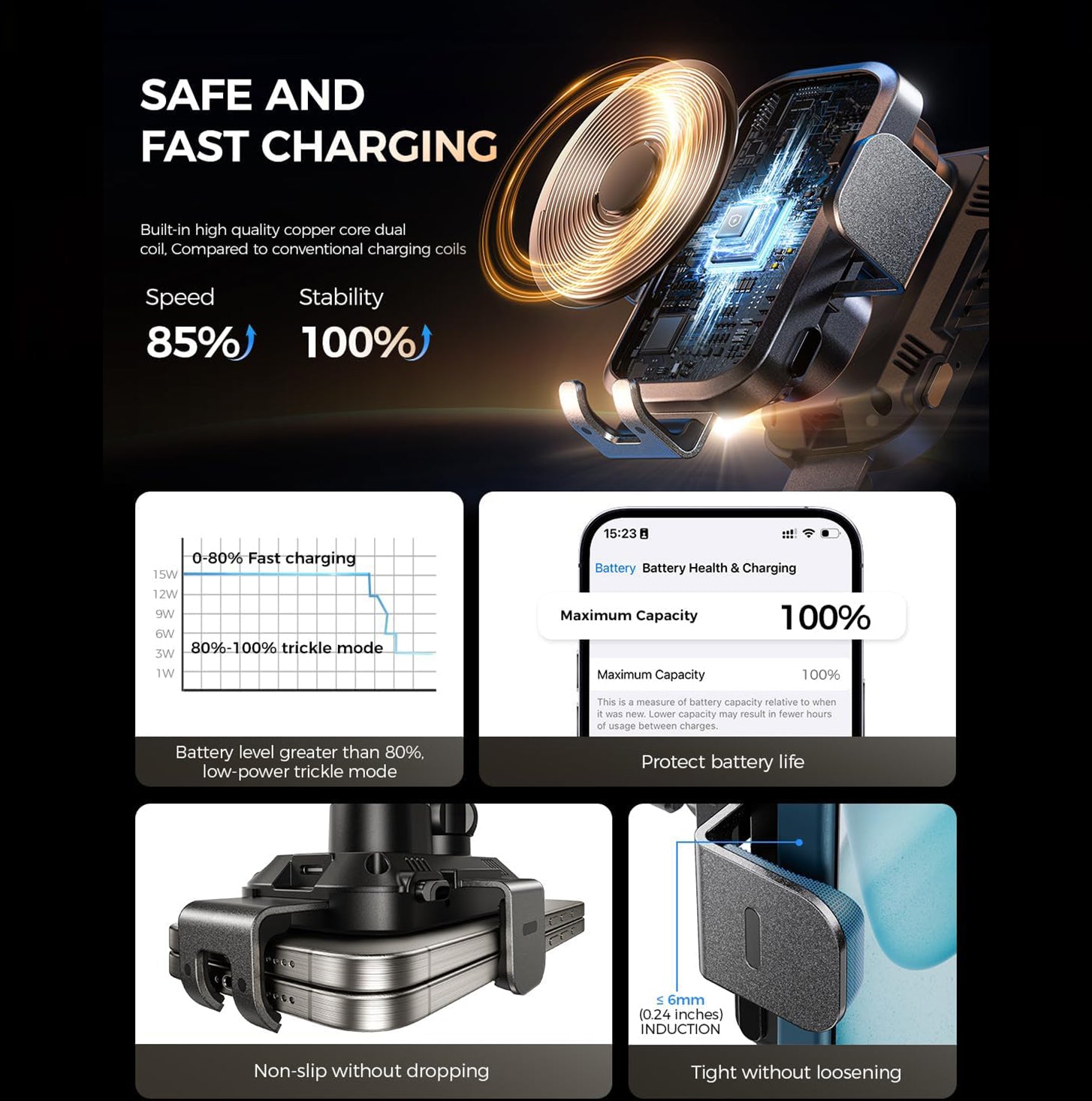 Budi Wireless Charging Car Phone Holder, Dashboard Mobile Phone Holder for Car, Wireless Car Charger, Wireless Charging Mount, Car Phone Mount