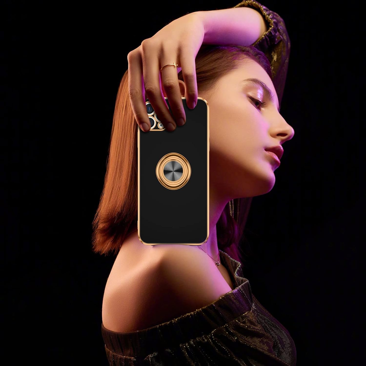 PhoneBits Luxury Soft Silicone Magnetic iPhone Case with Holder & Camera Lens Protection, Protective Shockproof iPhone Ring Holder Case Compatible with Magnetic Car Mount, Mobile Phone Case with Stand, Back iPhone Holder Case Cover