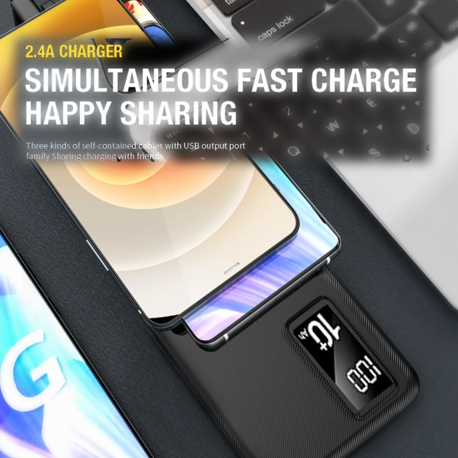 PhoneBits Portable Power Bank 10000mAh, Portable Charger Power Bank with 4 Built-in Cables (Type-C, Micro, Lightning & USB), Fast Charging Power Bank with Digital LED Display & Strap for Smartphone/ iPhone/Tablet