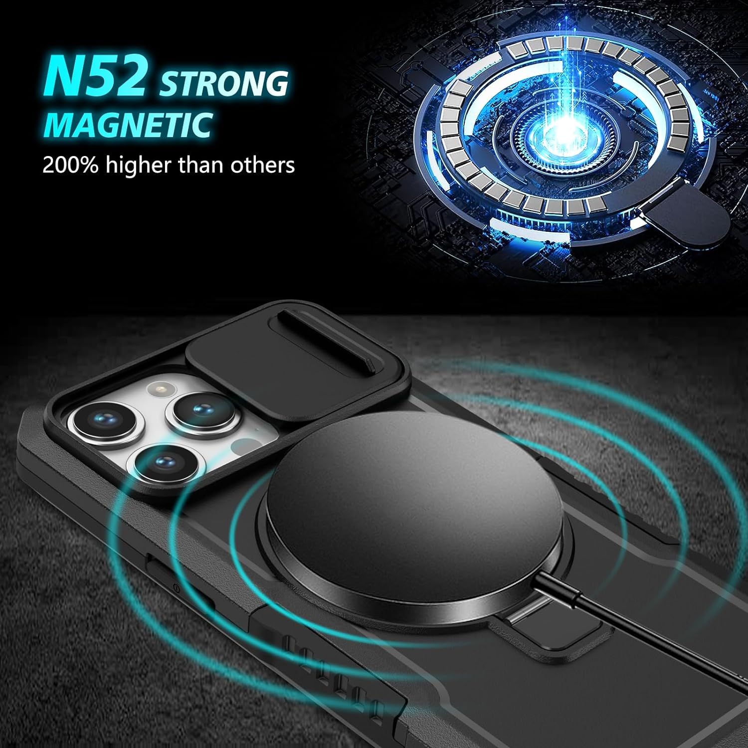 PhoneBits Ultra-Protective MagSafe Case with Holder & Camera Slide Cover for iPhone, Shockproof iPhone Case Compatible with MagSafe Chargers, Magnetic Wireless Charging Mobile Ring Phone Case with Stand, Back iPhone Holder Case Cover