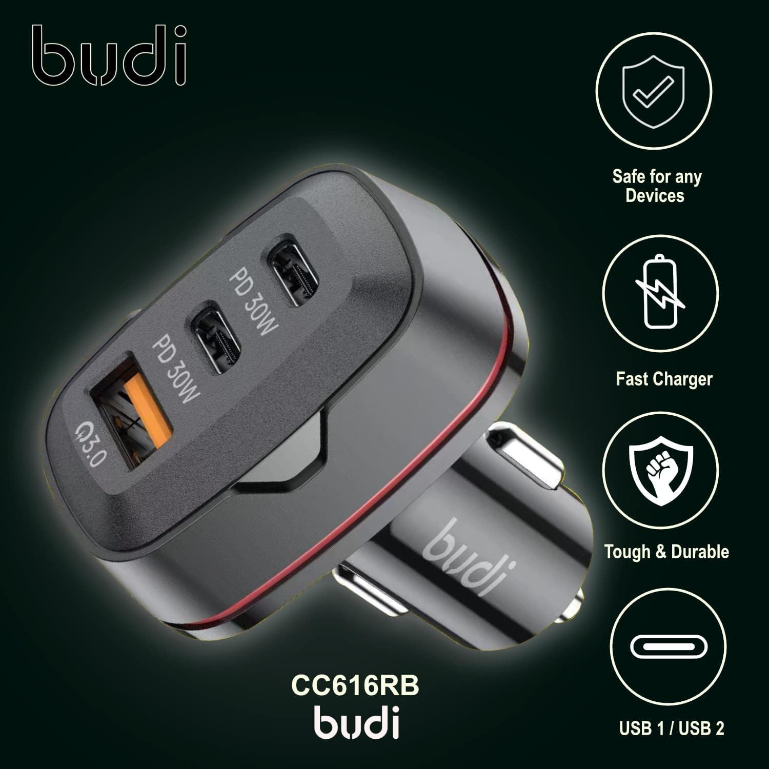 Budi 3 Ports USB Car Charger, QC3.0 USB-A & Dual PD USB-C In Car Charger Socket, Fast Charging Car Phone Charger with LED Indicator, Power Car Charger Adapter for Cigarette Lighter Socket