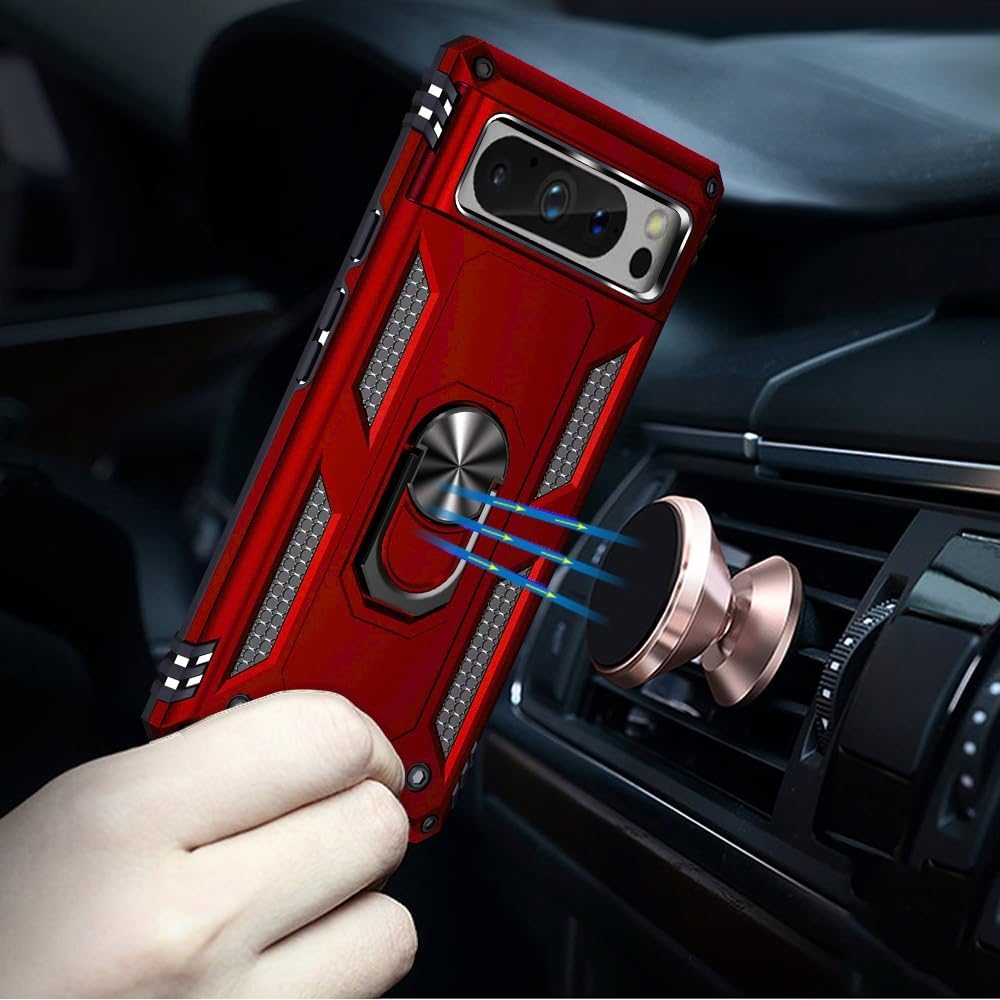PhoneBits Ultra-Protective Magnetic Google Pixel Case with Holder & Chromed Camera Edge, Shockproof Google Pixel Ring Holder Case Compatible with Magnetic Car Mount, Mobile Phone Case with Stand, Back Google Pixel Holder Case Cover