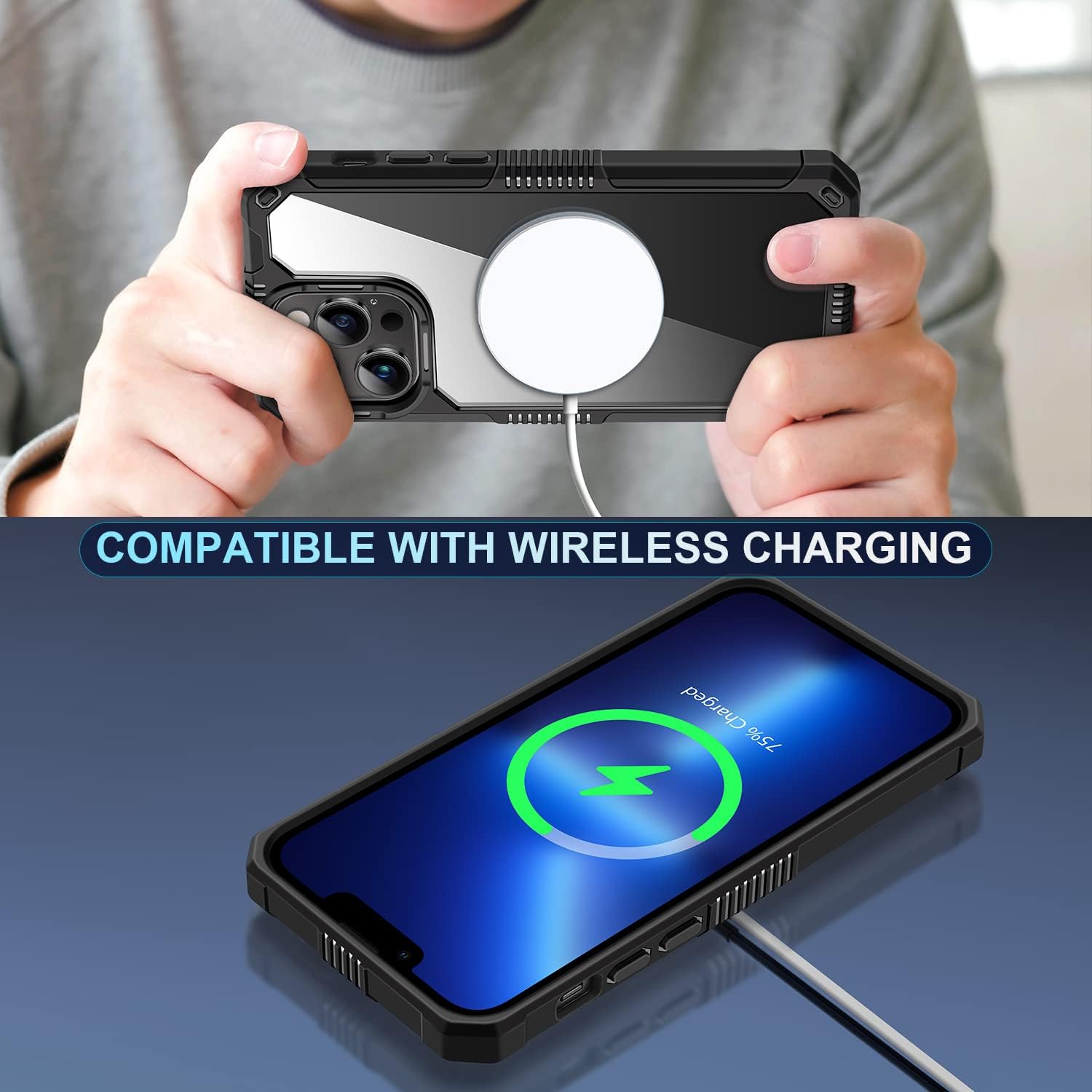 PhoneBits Ultra-Protective Transparent Magnetic Case with Chromed Camera Edge for iPhone, Clear Shockproof iPhone Case Compatible with Wireless Chargers, Magnetic Mobile Phone Case, Back Case Cover