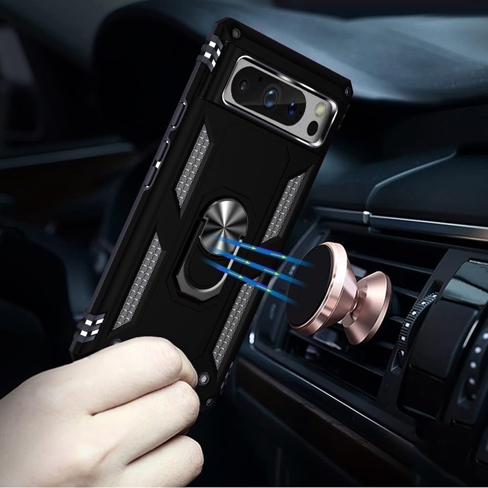 PhoneBits Ultra-Protective Magnetic Google Pixel Case with Holder & Chromed Camera Edge, Shockproof Google Pixel Ring Holder Case Compatible with Magnetic Car Mount, Mobile Phone Case with Stand, Back Google Pixel Holder Case Cover