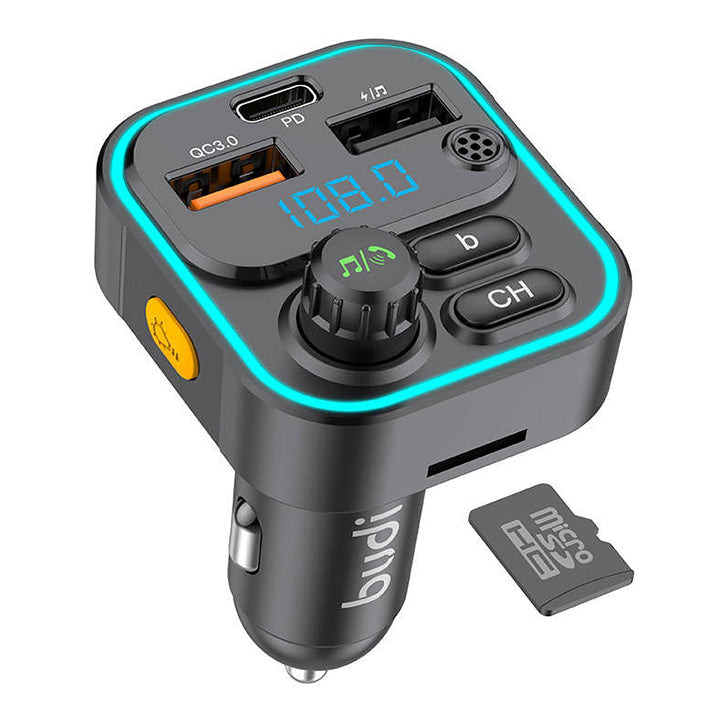 Budi FM Transmitter & Car Charger, USB Fast Charging Wireless Car Charger with PD USB-C/QC 3.0/USB Charging Ports, FM Bluetooth Car Transmitter with MP3/TF Card Ports, Phone Car Adapter with Next/Previous/End Call/Lights/Bass Buttons, Mic & LED Display