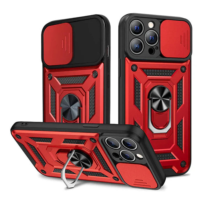 PhoneBits Ultra-Protective Magnetic iPhone Case with Holder & Camera Slide Cover, Shockproof iPhone Ring Holder Case Compatible with Magnetic Car Mount, Mobile Phone Case with Stand, Back iPhone Holder Case Cover
