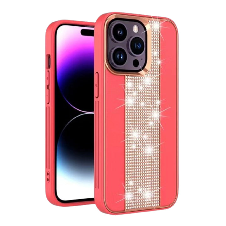 PhoneBits Leather iPhone Case with Flashy Diamond Back Strip & Camera Chromed Edge, Shockproof Back Phone Cover Compatible with iPhone, Protective Mobile Phone Case Cover