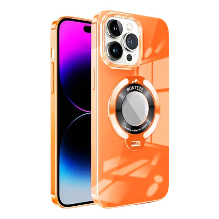 PhoneBits Luxury Glossy MagSafe Case with Holder & Chromed Camera Edge for iPhone, Shockproof iPhone Case Compatible with MagSafe Chargers, Magnetic Wireless Charging Mobile Ring Phone Case with Stand, Back iPhone Holder Case Cover