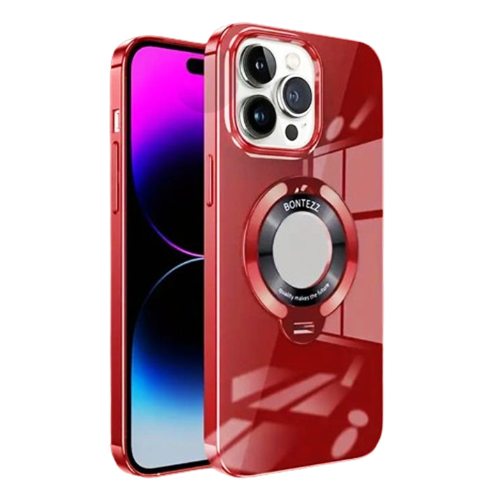 PhoneBits Luxury Glossy MagSafe Case with Holder & Chromed Camera Edge for iPhone, Shockproof iPhone Case Compatible with MagSafe Chargers, Magnetic Wireless Charging Mobile Ring Phone Case with Stand, Back iPhone Holder Case Cover
