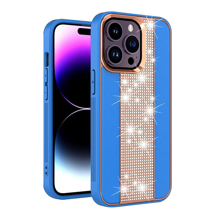 PhoneBits Leather iPhone Case with Flashy Diamond Back Strip & Camera Chromed Edge, Shockproof Back Phone Cover Compatible with iPhone, Protective Mobile Phone Case Cover