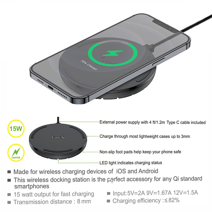 Budi 15W Wireless Charging Pad, Type C Wireless Charging Pad
