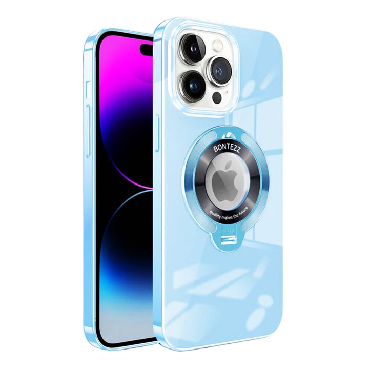 PhoneBits Luxury Glossy MagSafe Case with Holder & Chromed Camera Edge for iPhone, Shockproof iPhone Case Compatible with MagSafe Chargers, Magnetic Wireless Charging Mobile Ring Phone Case with Stand, Back iPhone Holder Case Cover