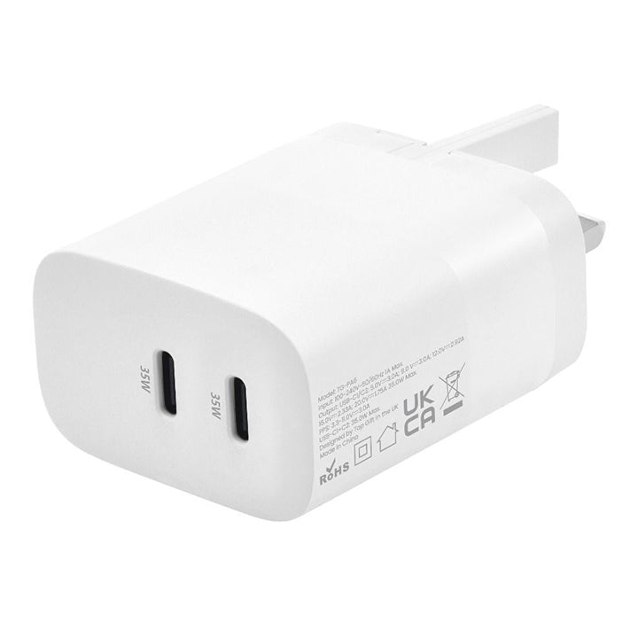 PhoneBits USB Phone Charger Adapter, 35W Dual USB-C  Ports Power Charger Plug, 3 Pin Fast Charging Charger Adapter, USB-C Wall Charger Plug, USB-C Power Wall Adapter Fast Charger