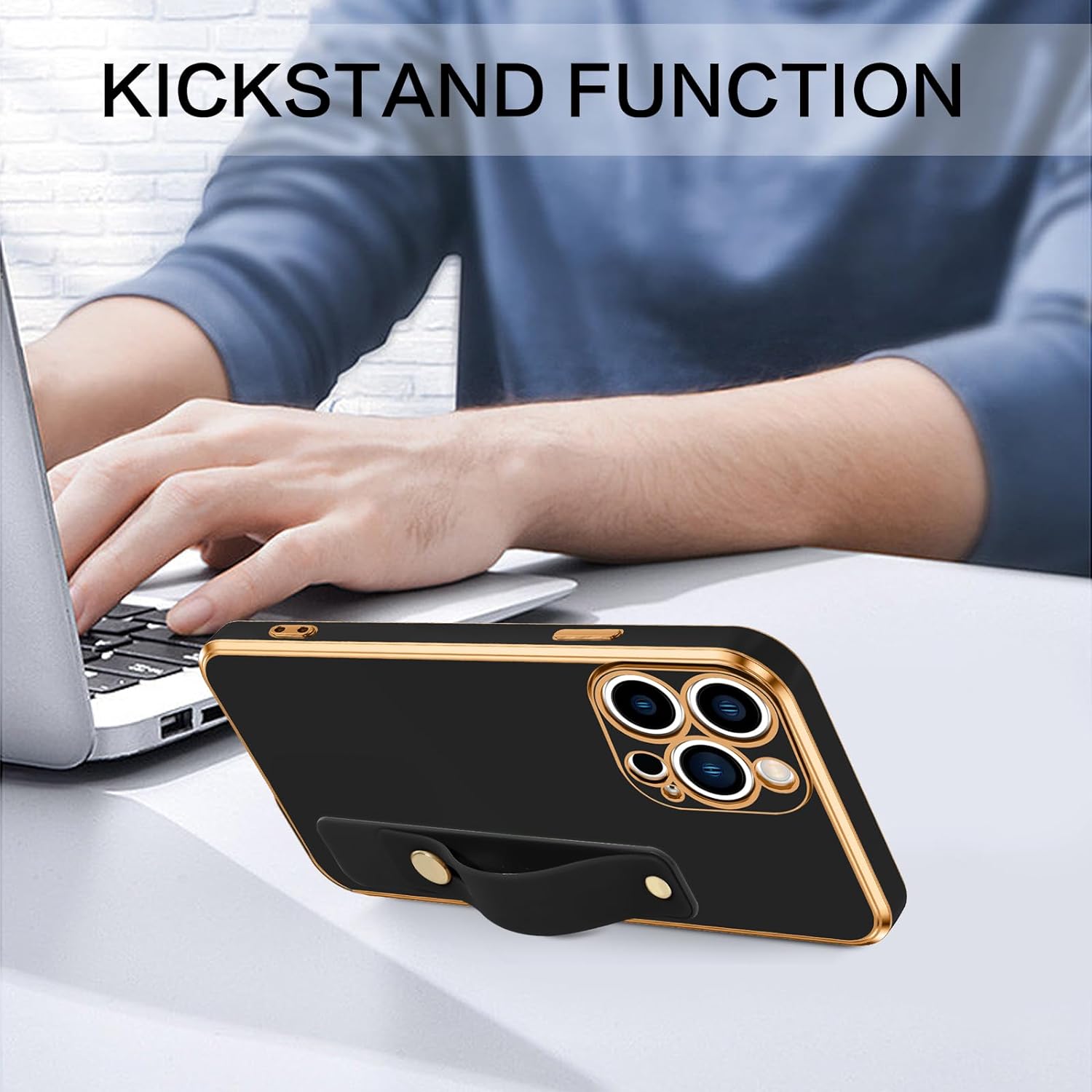 PhoneBits Luxury Soft Silicone Magnetic iPhone Case with Holder & Camera Lens Protection, Protective Shockproof iPhone Case with Wristband Stand Compatible with Wireless Charging, Magnetic Mobile Phone Holder Case, Back Phone Case Cover