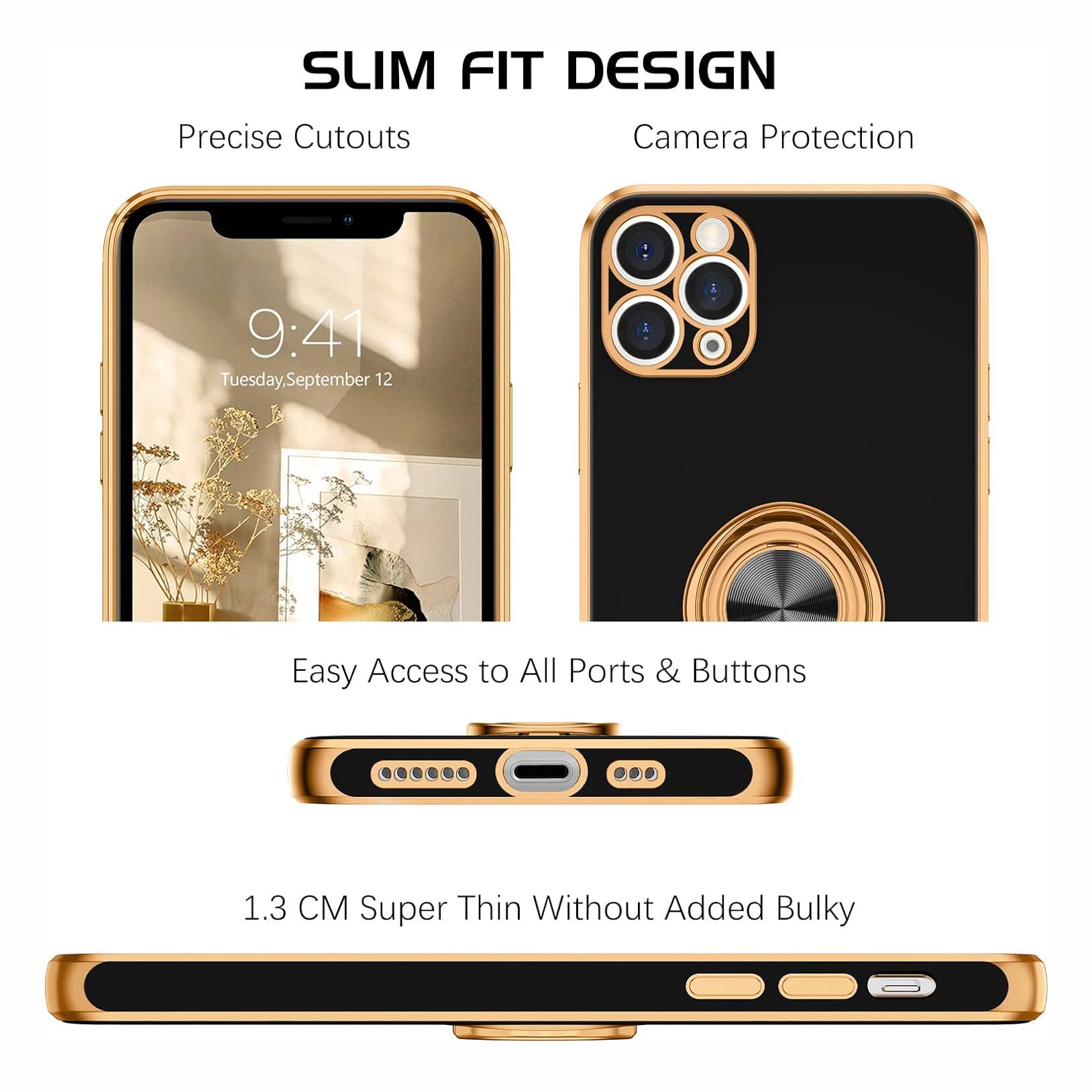 PhoneBits Luxury Soft Silicone Magnetic iPhone Case with Holder & Camera Lens Protection, Protective Shockproof iPhone Ring Holder Case Compatible with Magnetic Car Mount, Mobile Phone Case with Stand, Back iPhone Holder Case Cover