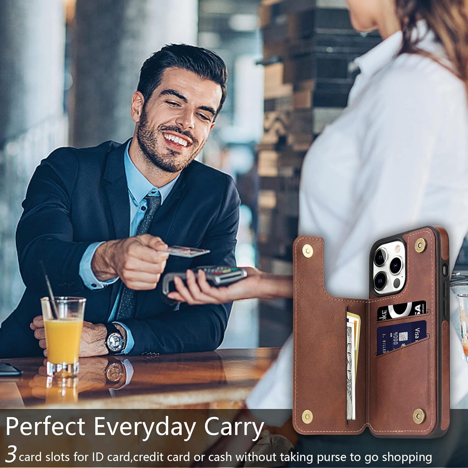 PhoneBits Protective Vegan Leather Wallet Case with Card Holder for iPhone, Compatible with iPhone, Shockproof iPhone Case with Stand, Mobile Wallet Phone Card Holder Case, Flip Back Case Cover