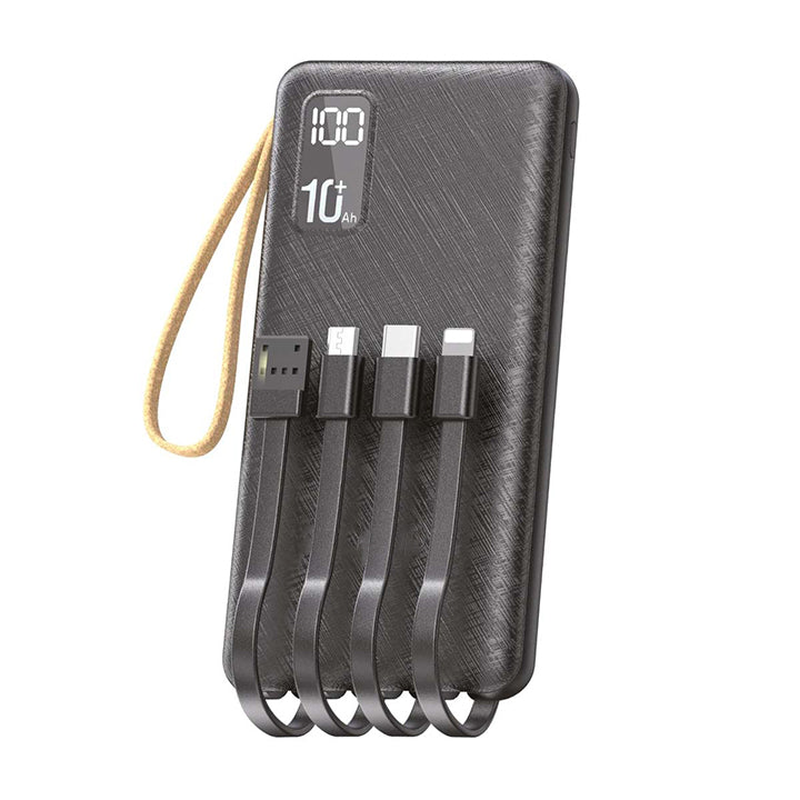 PhoneBits Portable Power Bank 10000mAh, Portable Charger Power Bank with 4 Built-in Cables (Type-C, Micro, Lightning & USB), Fast Charging Power Bank with Digital LED Display & Strap for Smartphone/ iPhone/Tablet