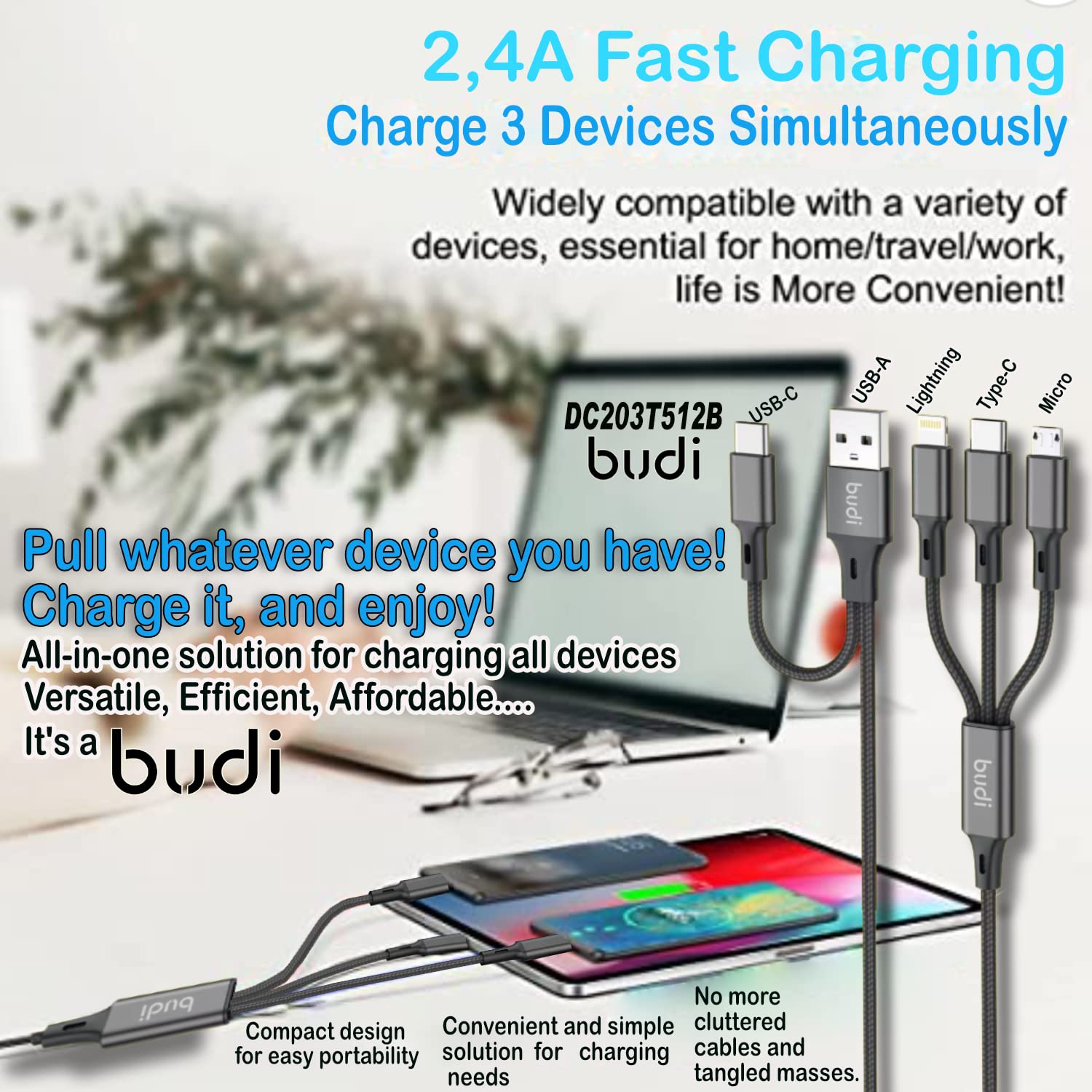 Budi 6 In 1 Charging Cable, USB A/ C to USB C/ Lightning/ Micro USB Cable, Fast USB A/ C to USB C/ Lightning/ Micro USB Phone Charging & Data Cable, Multi USB Fast Charger Cord & Sync Cable, USB C/ Lightning/ Micro USB Charging Adapter Cable