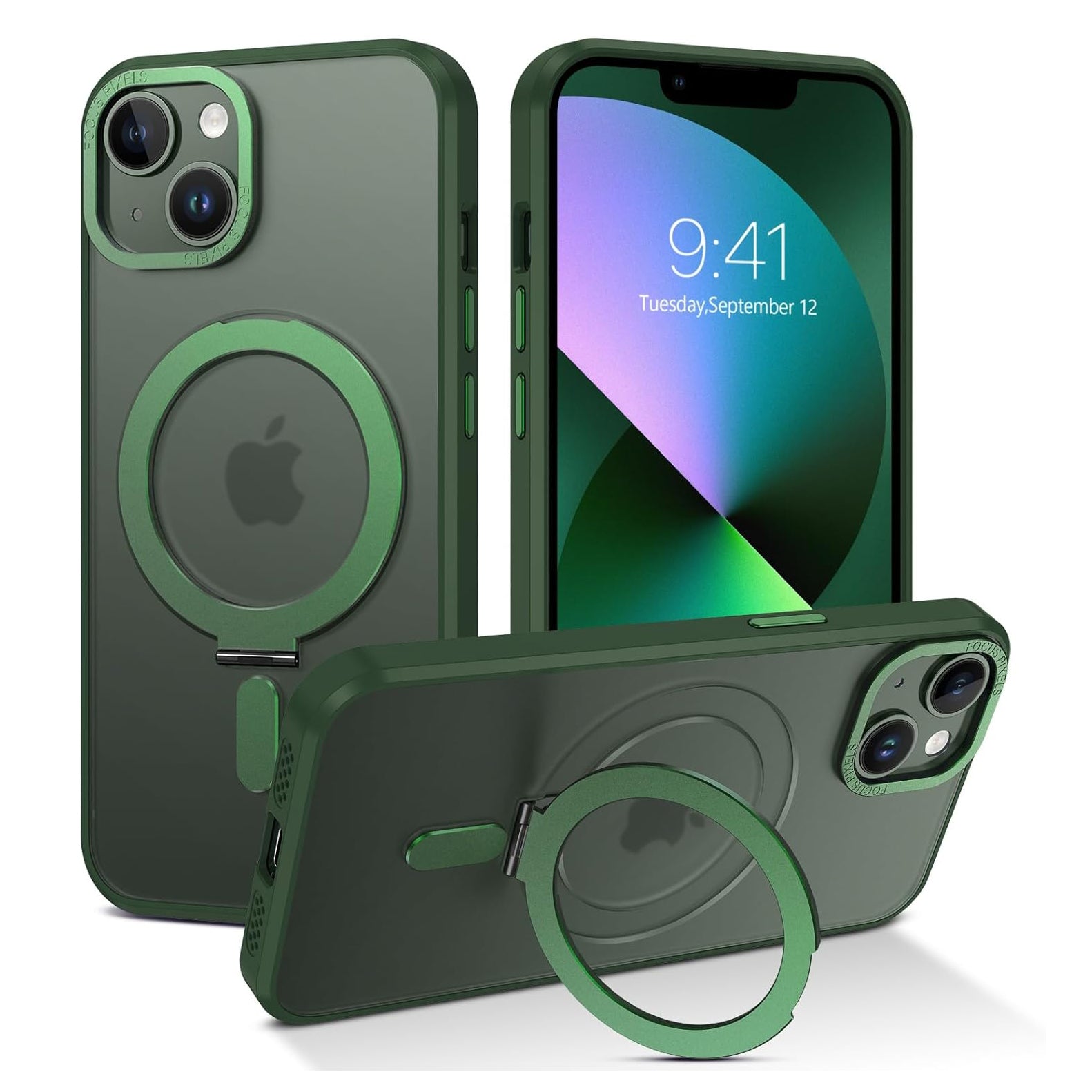 PhoneBits Armor Grade Protective MagSafe Case with Holder & Chromed Camera Edge for iPhone, Shockproof iPhone Case Compatible with MagSafe Chargers, Magnetic Wireless Charging Mobile Ring Phone Case with Stand, Back iPhone Holder Case Cover