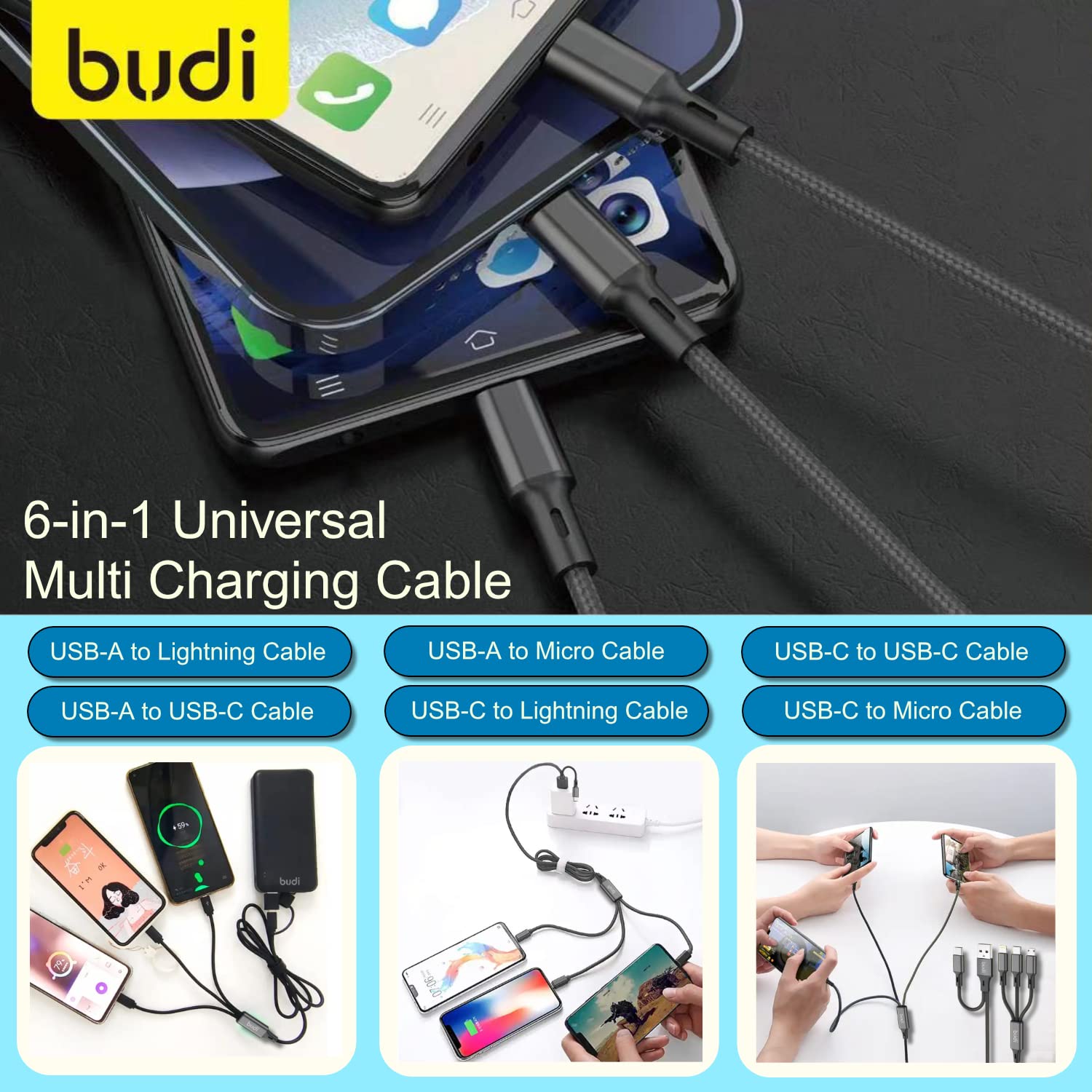 Budi 6 In 1 Charging Cable, USB A/ C to USB C/ Lightning/ Micro USB Cable, Fast USB A/ C to USB C/ Lightning/ Micro USB Phone Charging & Data Cable, Multi USB Fast Charger Cord & Sync Cable, USB C/ Lightning/ Micro USB Charging Adapter Cable