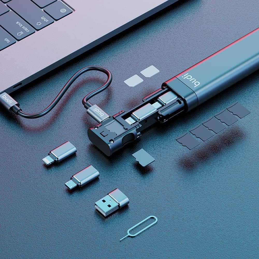 Budi 9 in 1 Essential Travel Charging & Data Sync Cable Stick, Travelling Stick with Phone Holder