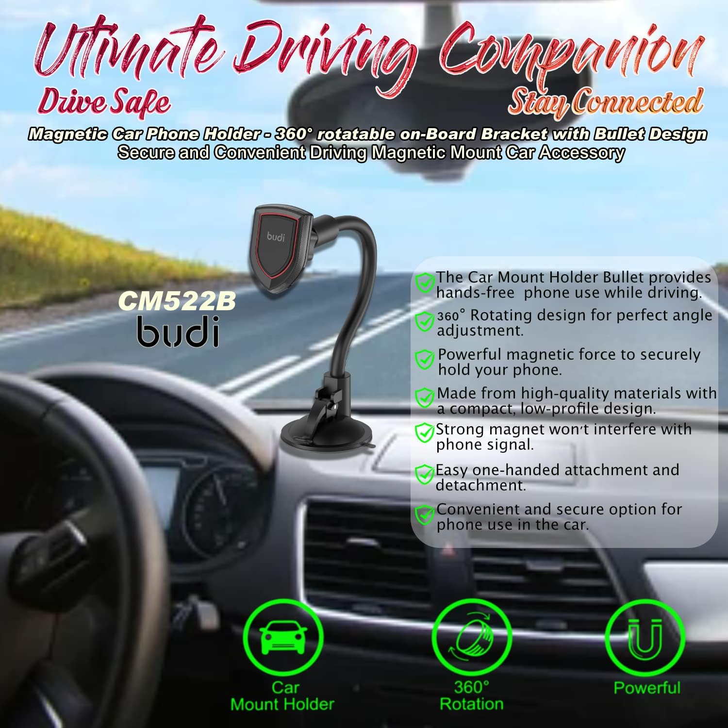 Budi Car Phone Mount, MagSafe Car Phone Holder, Phone Mount for Car Dashboard/Windshield