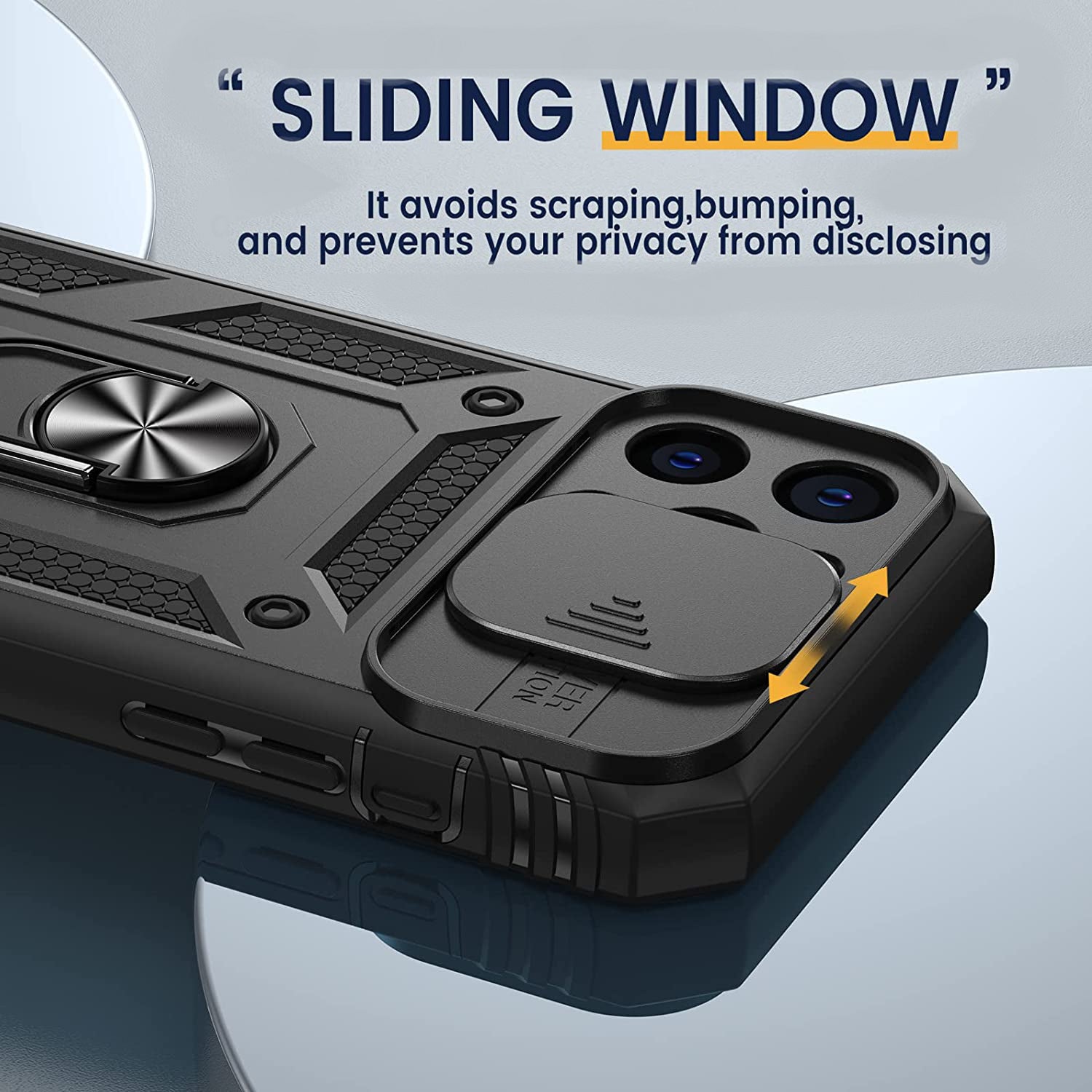 PhoneBits Ultra-Protective Magnetic iPhone Case with Holder & Camera Slide Cover, Shockproof iPhone Ring Holder Case Compatible with Magnetic Car Mount, Mobile Phone Case with Stand, Back iPhone Holder Case Cover